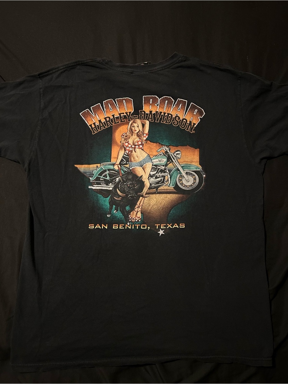 Harley-Davidson Black Tee with Teal Motorcycle and Orange Accents